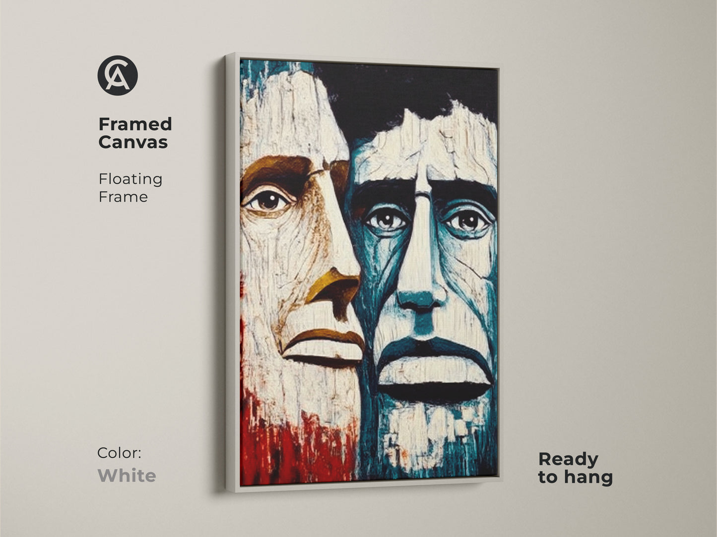 White framed canvas of abstract men portrait. This crimson blue expressionism wall art is ready to hang. Floating frame enhances any eclectic home decor. It is ideal for study room wall art or office workplace art. This art makes a unique statement.