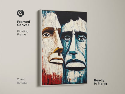 White framed canvas of abstract men portrait. This crimson blue expressionism wall art is ready to hang. Floating frame enhances any eclectic home decor. It is ideal for study room wall art or office workplace art. This art makes a unique statement.