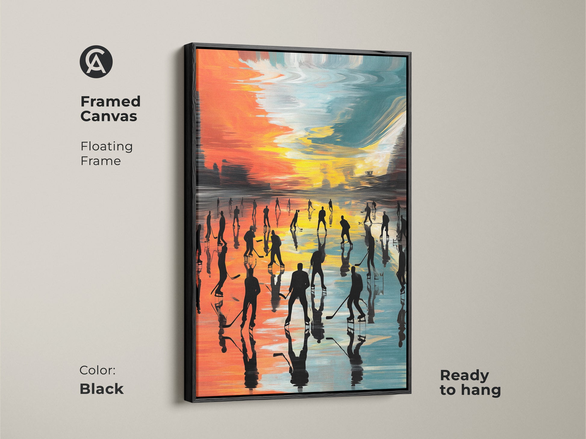 Framed canvas with a floating frame in black displaying modern hockey art. See the abstract ice arena with silhouetted players in orange teal and yellow. This is a ready to hang sports themed artwork for a man cave.