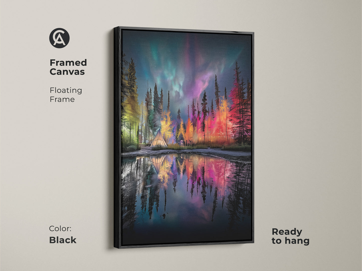 Framed Canvas featuring an Aurora Borealis over a forest campsite with a tent. The black floating frame enhances the teal green and purple landscape decor. Ready to hang this northern lights forest print brings nature's beauty to your living room. A perfect eclectic bohemian art piece.