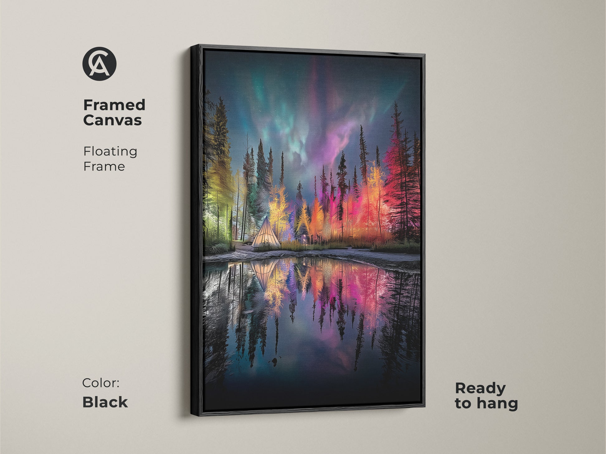 Framed Canvas featuring an Aurora Borealis over a forest campsite with a tent. The black floating frame enhances the teal green and purple landscape decor. Ready to hang this northern lights forest print brings nature's beauty to your living room. A perfect eclectic bohemian art piece.
