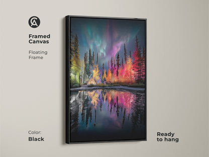Framed Canvas featuring an Aurora Borealis over a forest campsite with a tent. The black floating frame enhances the teal green and purple landscape decor. Ready to hang this northern lights forest print brings nature's beauty to your living room. A perfect eclectic bohemian art piece.