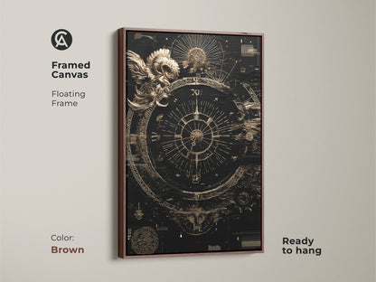 Framed Ram Compass Abstract Canvas with a brown floating frame. This Esoteric Steampunk Astrology wall decor is ready to hang. Display this black gold art in any space.