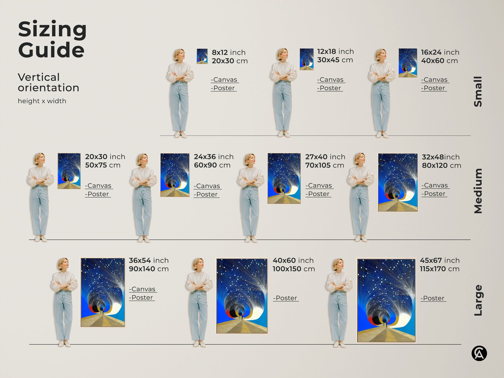 Sizing guide for abstract space tunnel artwork. From small 8x12 inch to large 45x67 inch options this modern blue gold decor fits any space. Available as canvas or poster.