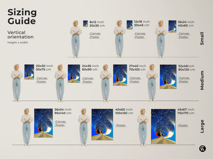 Sizing guide for abstract space tunnel artwork. From small 8x12 inch to large 45x67 inch options this modern blue gold decor fits any space. Available as canvas or poster.