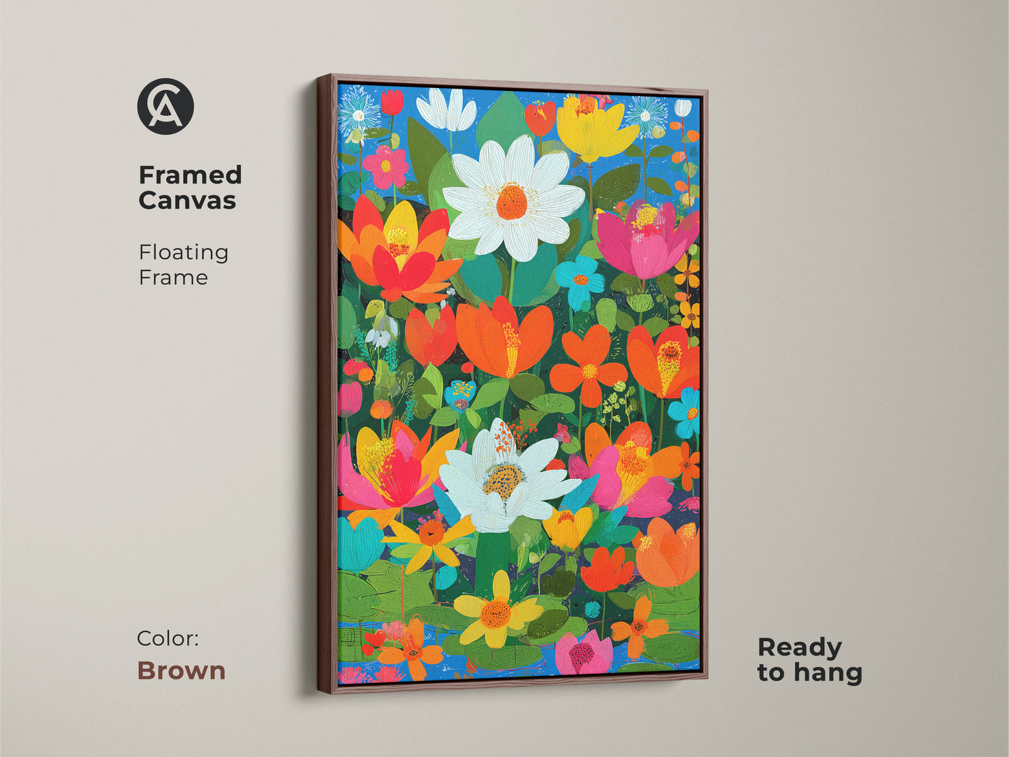 Framed canvas in a brown floating frame. Boho floral wall art print. The artwork is orange pink and teal botanical art. A lotus daisy flower artwork is ready to hang.
