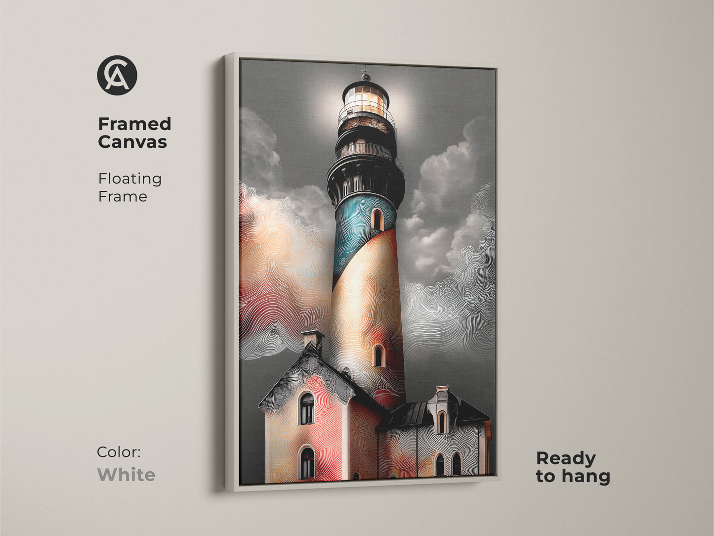 Coastal lighthouse art in a white floating frame. The teal orange and grey colors create a stylish nautical theme. This framed canvas is ready to hang. Perfect for adding a coastal accent to your home decor.