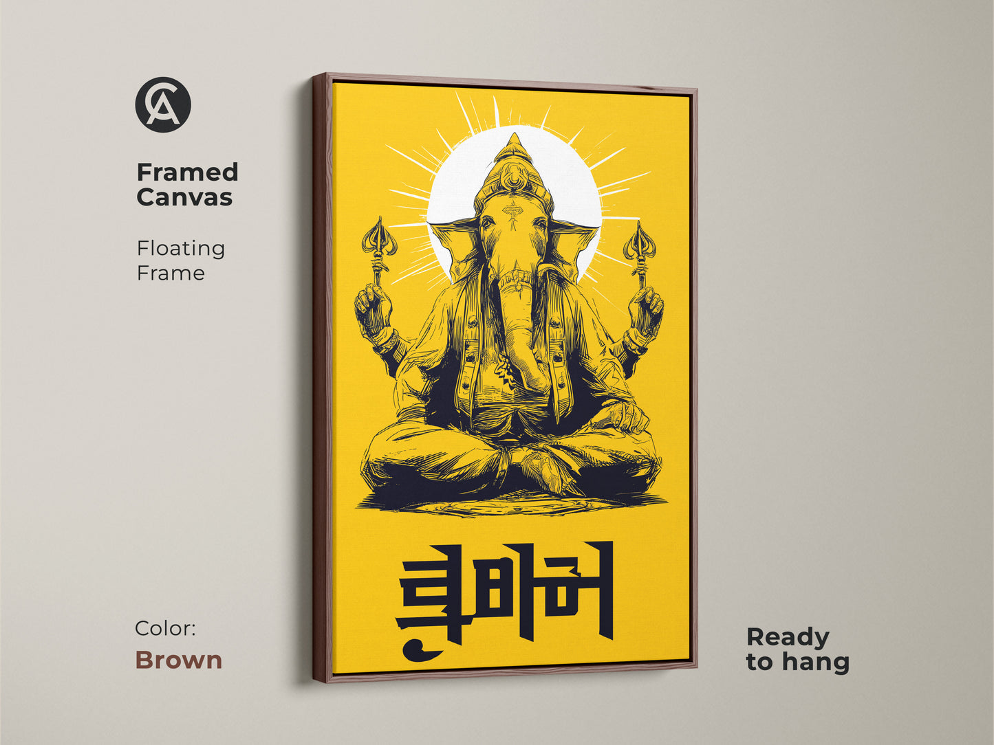 Framed canvas of Ganesha art with a brown floating frame. The yellow Hindu wall art is ready to hang. This spiritual deity artwork enhances any room. The mythology art print offers eclectic home art. This art invokes spirituality.
