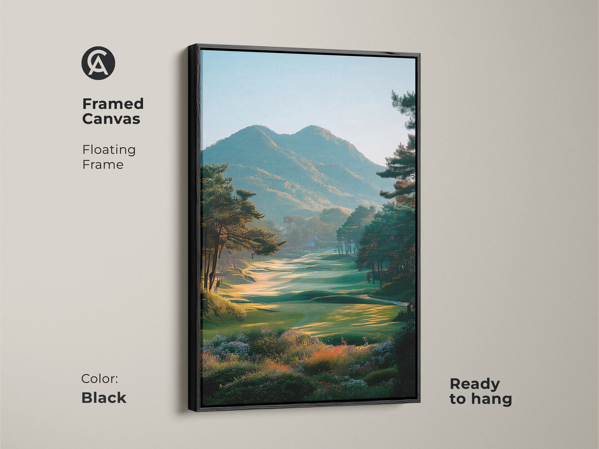 Framed canvas artwork of a beautiful golf course landscape. The floating frame is black and the art is ready to hang. The artwork captures the beauty of the green with mountains in the background. A perfect art piece for golf enthusiasts.