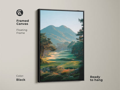 Framed canvas artwork of a beautiful golf course landscape. The floating frame is black and the art is ready to hang. The artwork captures the beauty of the green with mountains in the background. A perfect art piece for golf enthusiasts.