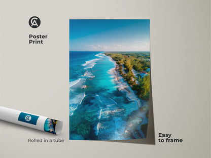 Poster print showcasing an aerial view of a picturesque beach. The beach artwork is rolled in a tube for easy framing. This poster print brings the beauty of the coast to your space. The vibrant turquoise water and sandy beach create a serene ambiance.