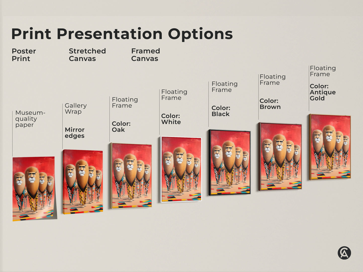 This image shows various print presentation options including poster stretched canvas and framed canvas. The artwork features a group of lions with tribal geometric legs and a red orange background. It's great for modern eclectic home decor and as a unique gift.