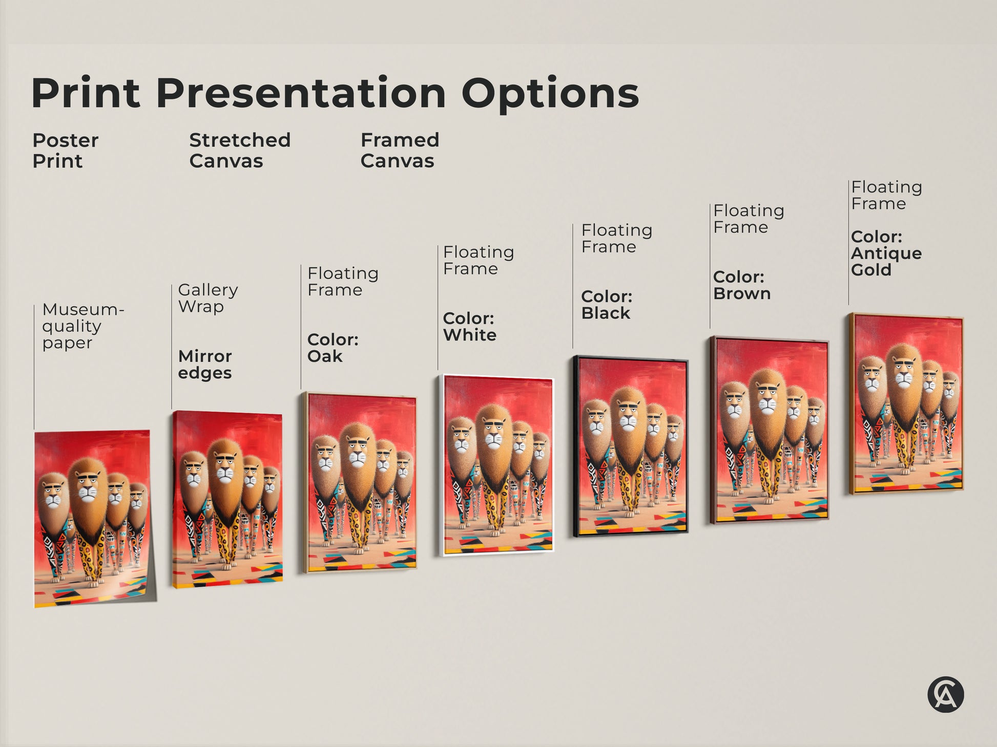 This image shows various print presentation options including poster stretched canvas and framed canvas. The artwork features a group of lions with tribal geometric legs and a red orange background. It's great for modern eclectic home decor and as a unique gift.