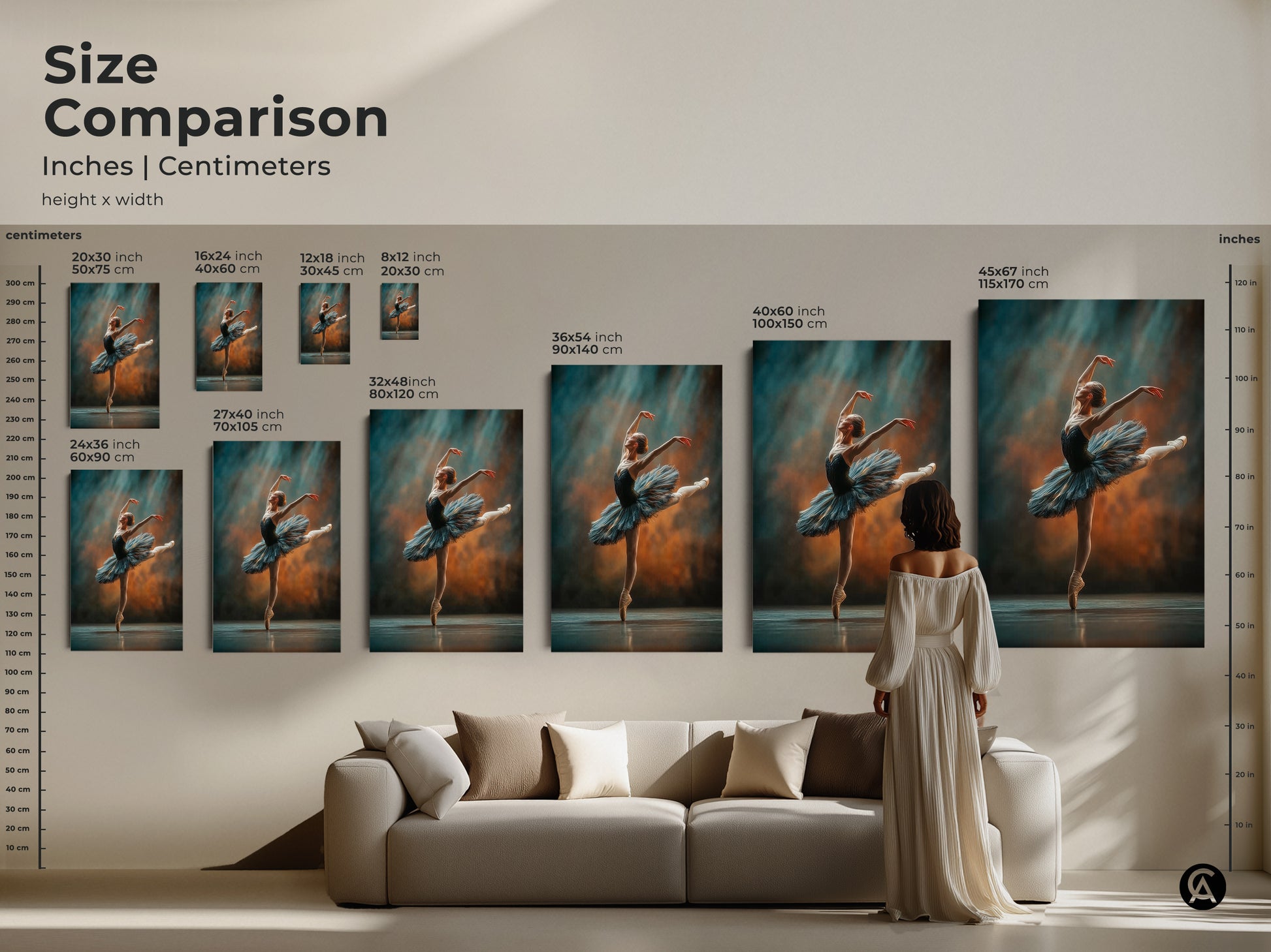 Size comparison of ballerina art prints. Various sizes are displayed in inches and centimeters. See how the artwork fits in a living room setting. The ballerina art features a dancer en pointe in a blue tutu. Find the ideal size for your home.