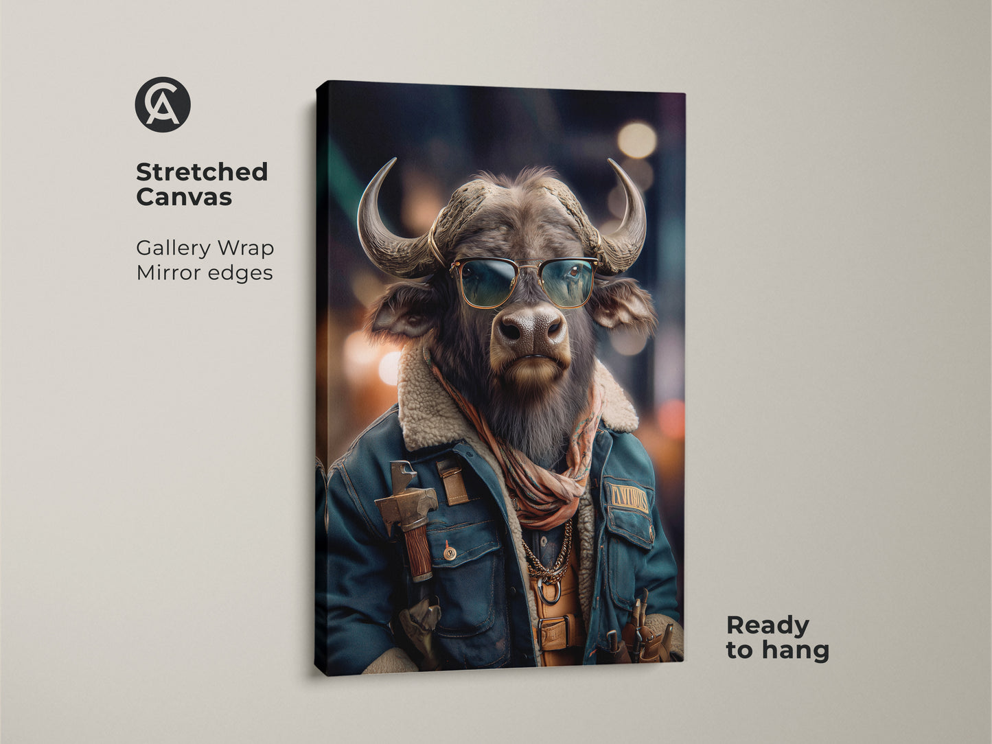 Elevate your space with the Buffalo in Sunglasses Print. This cool Animal Portrait Art is an Eclectic office wall decor piece. Perfect as a unique gift for Animal Lovers. This Brown Gray Animal Wall Art adds character to any office. Get this Stylish Buffalo artwork today.