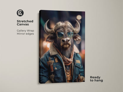 Elevate your space with the Buffalo in Sunglasses Print. This cool Animal Portrait Art is an Eclectic office wall decor piece. Perfect as a unique gift for Animal Lovers. This Brown Gray Animal Wall Art adds character to any office. Get this Stylish Buffalo artwork today.