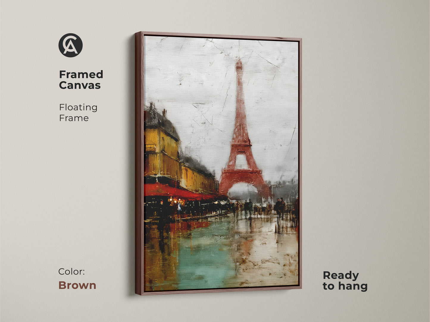 Framed Canvas with a Brown Floating Frame displaying the Eiffel Tower and a Parisian cafe. This terracotta cityscape art enhances any room. Ready to hang. This European city scene canvas print offers a unique Francophile gift idea. It’s a textured Paris artwork for your home.