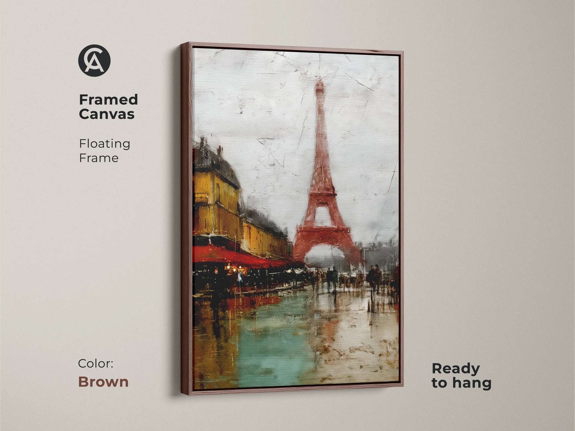 Framed Canvas with a Brown Floating Frame displaying the Eiffel Tower and a Parisian cafe. This terracotta cityscape art enhances any room. Ready to hang. This European city scene canvas print offers a unique Francophile gift idea. It’s a textured Paris artwork for your home.