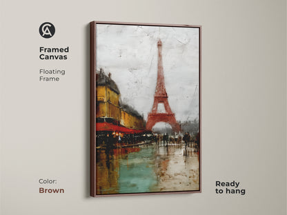 Framed Canvas with a Brown Floating Frame displaying the Eiffel Tower and a Parisian cafe. This terracotta cityscape art enhances any room. Ready to hang. This European city scene canvas print offers a unique Francophile gift idea. It’s a textured Paris artwork for your home.