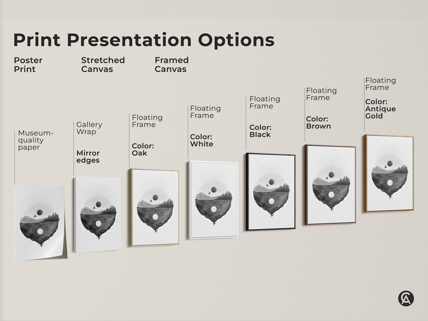 Print presentation options for surreal floating island artwork. Choose from poster prints stretched canvas or framed canvas. Available with various frame colors including oak white black brown and antique gold. Find the perfect minimalist art for your space.