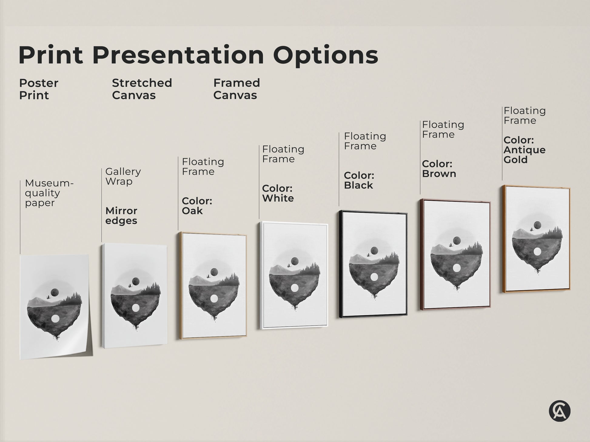Print presentation options for surreal floating island artwork. Choose from poster prints stretched canvas or framed canvas. Available with various frame colors including oak white black brown and antique gold. Find the perfect minimalist art for your space.