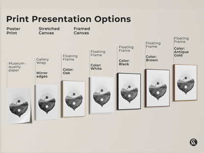 Print presentation options for surreal floating island artwork. Choose from poster prints stretched canvas or framed canvas. Available with various frame colors including oak white black brown and antique gold. Find the perfect minimalist art for your space.