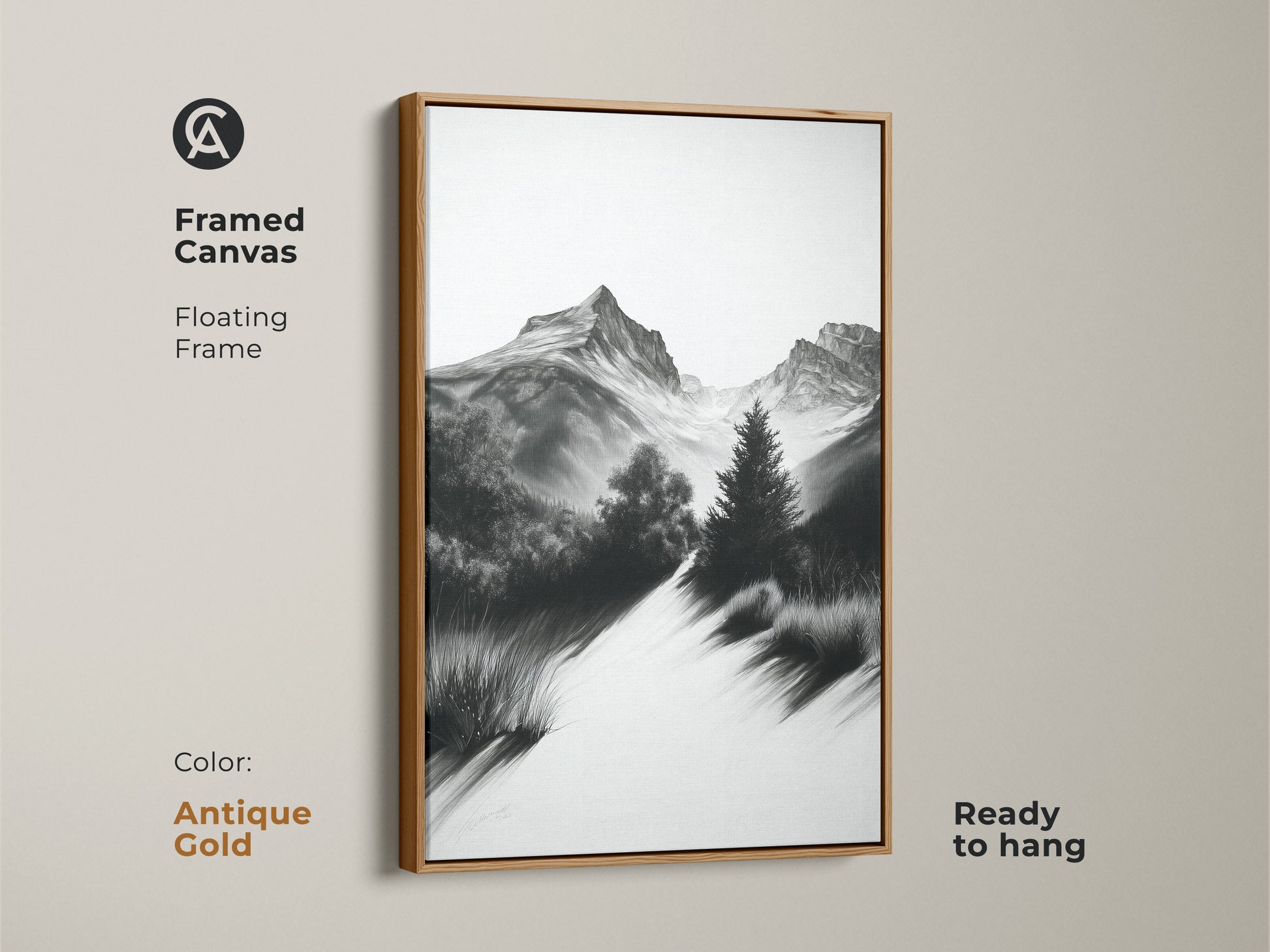 Monochrome mountain path art framed in antique gold. This black and white nature artwork brings a touch of vintage sketch art to any room. Perfect for a housewarming gift for travel lovers.