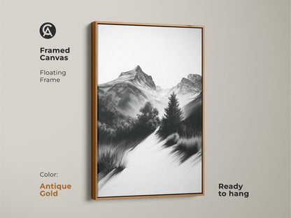 Monochrome mountain path art framed in antique gold. This black and white nature artwork brings a touch of vintage sketch art to any room. Perfect for a housewarming gift for travel lovers.