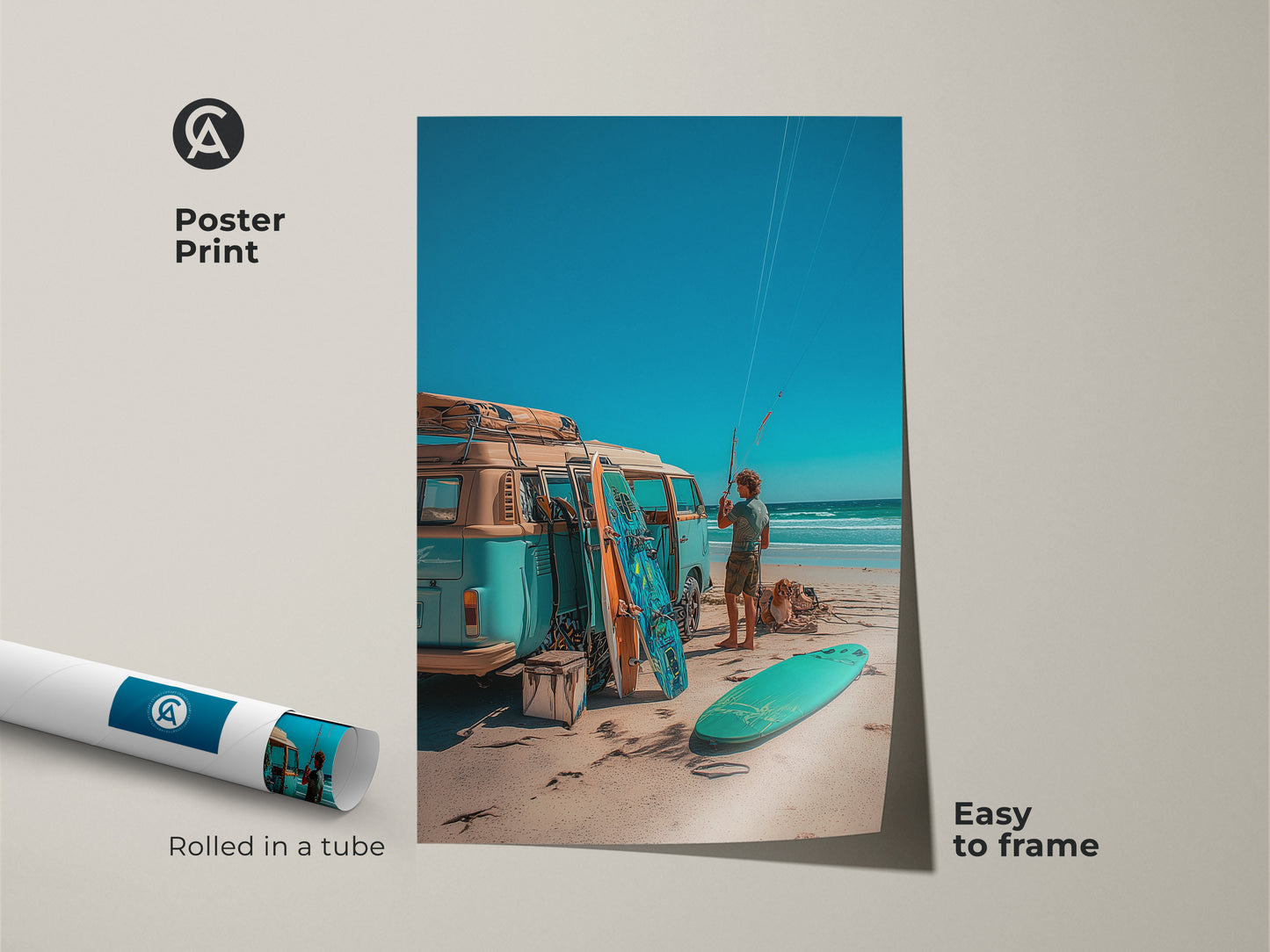 Poster print artwork showcasing a VW bus at the beach. The print is rolled in a tube for easy framing. This beach scene features surfboards a vintage van and a surfer. A perfect addition to any room.