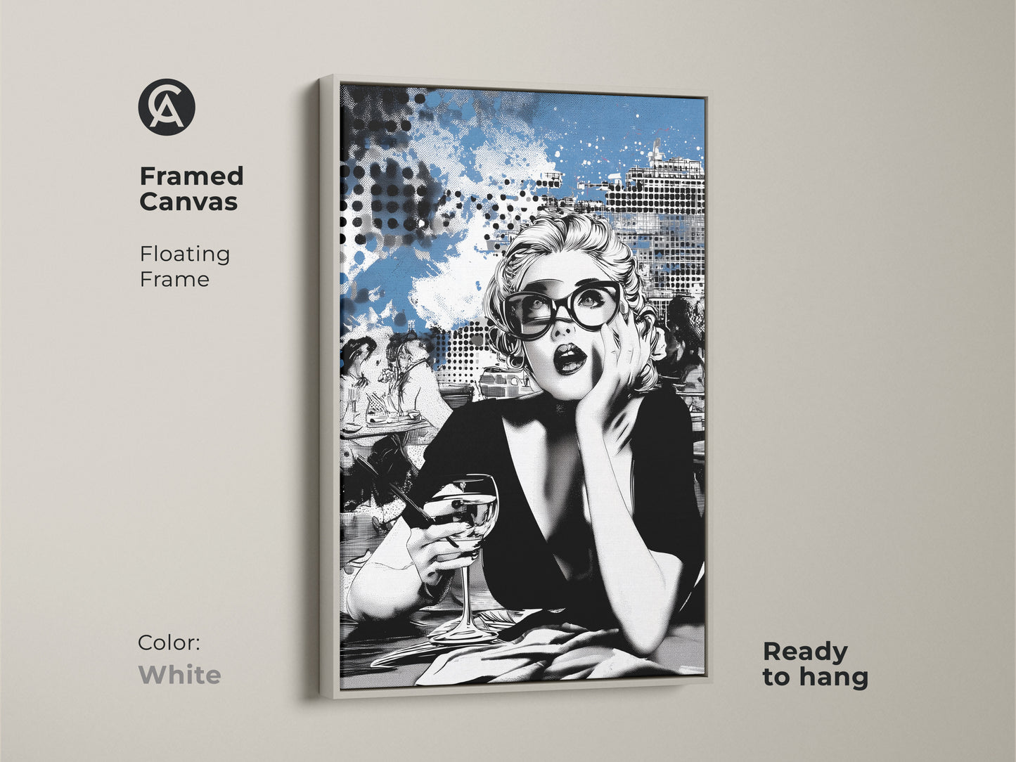 Framed canvas art of a Pop Art woman. A white floating frame enhances this modern cityscape artwork. Ready to hang this contemporary print is perfect for a chic bedroom. The abstract blue art adds a stylish touch to any office. This art print is an ideal gift for fashion enthusiasts.