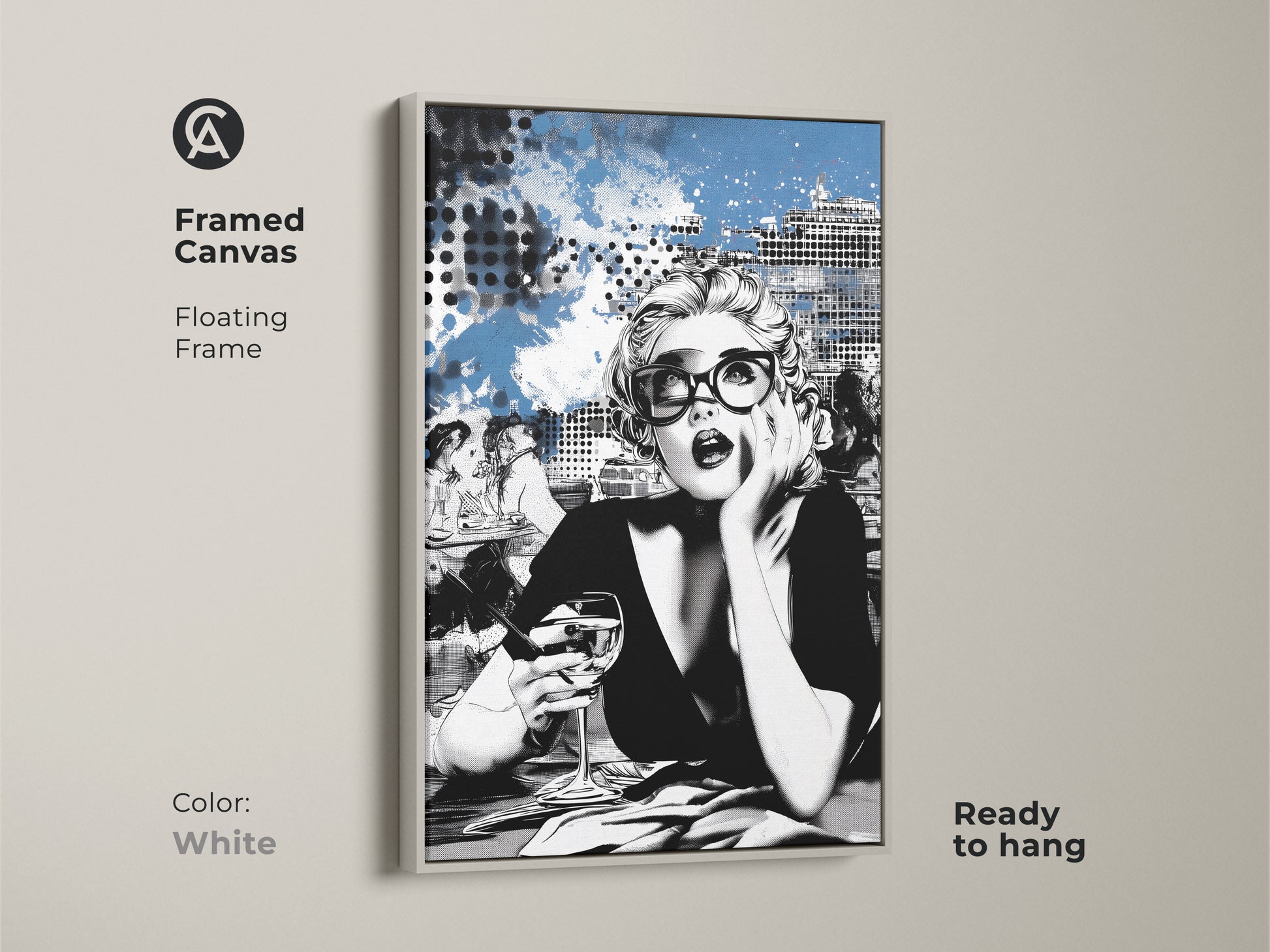 Framed canvas art of a Pop Art woman. A white floating frame enhances this modern cityscape artwork. Ready to hang this contemporary print is perfect for a chic bedroom. The abstract blue art adds a stylish touch to any office. This art print is an ideal gift for fashion enthusiasts.