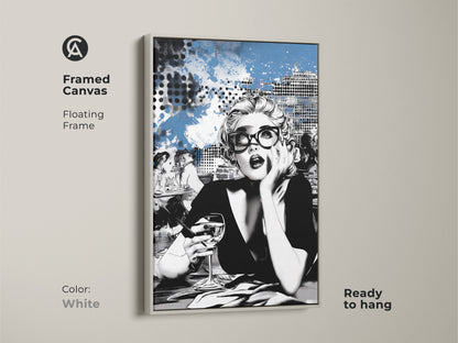 Framed canvas art of a Pop Art woman. A white floating frame enhances this modern cityscape artwork. Ready to hang this contemporary print is perfect for a chic bedroom. The abstract blue art adds a stylish touch to any office. This art print is an ideal gift for fashion enthusiasts.