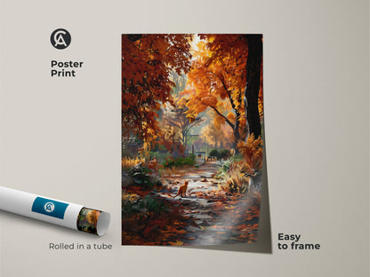 Get a museum-quality poster print to capture the essence of autumn. This artwork showcases a cat amidst a colorful forest path. Rolled in a tube for easy framing it brings seasonal beauty to any space