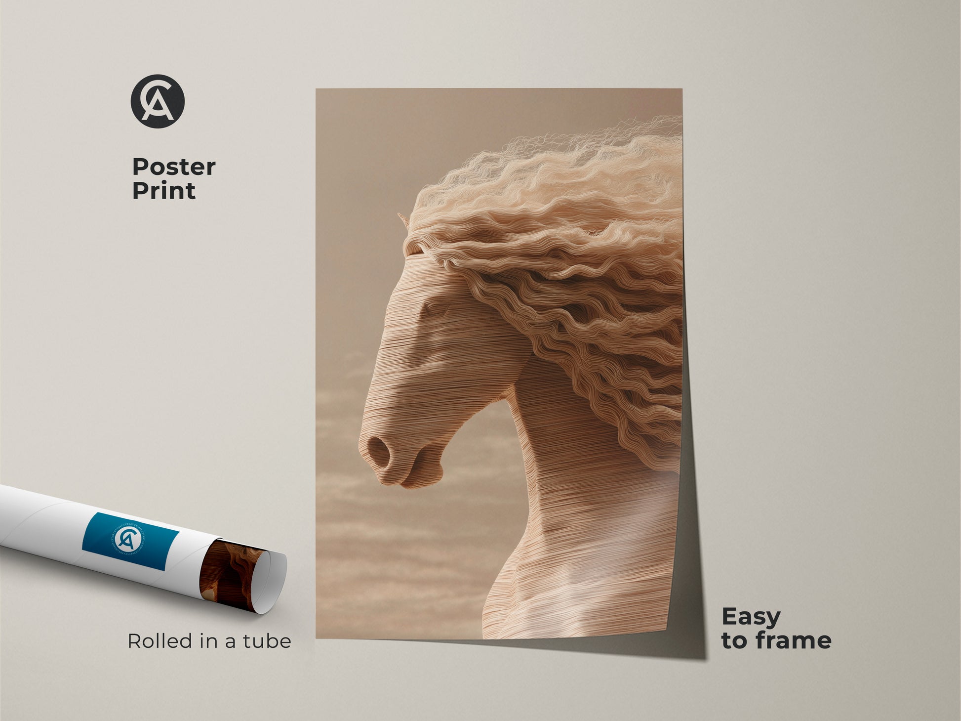Poster print of a minimalist abstract horse with a flowing mane. The cream and tan colors blend seamlessly. Easy to frame this equestrian decor piece. A perfect gift for her this horse head wall hanging adds a touch of Scandinavian charm to any space.