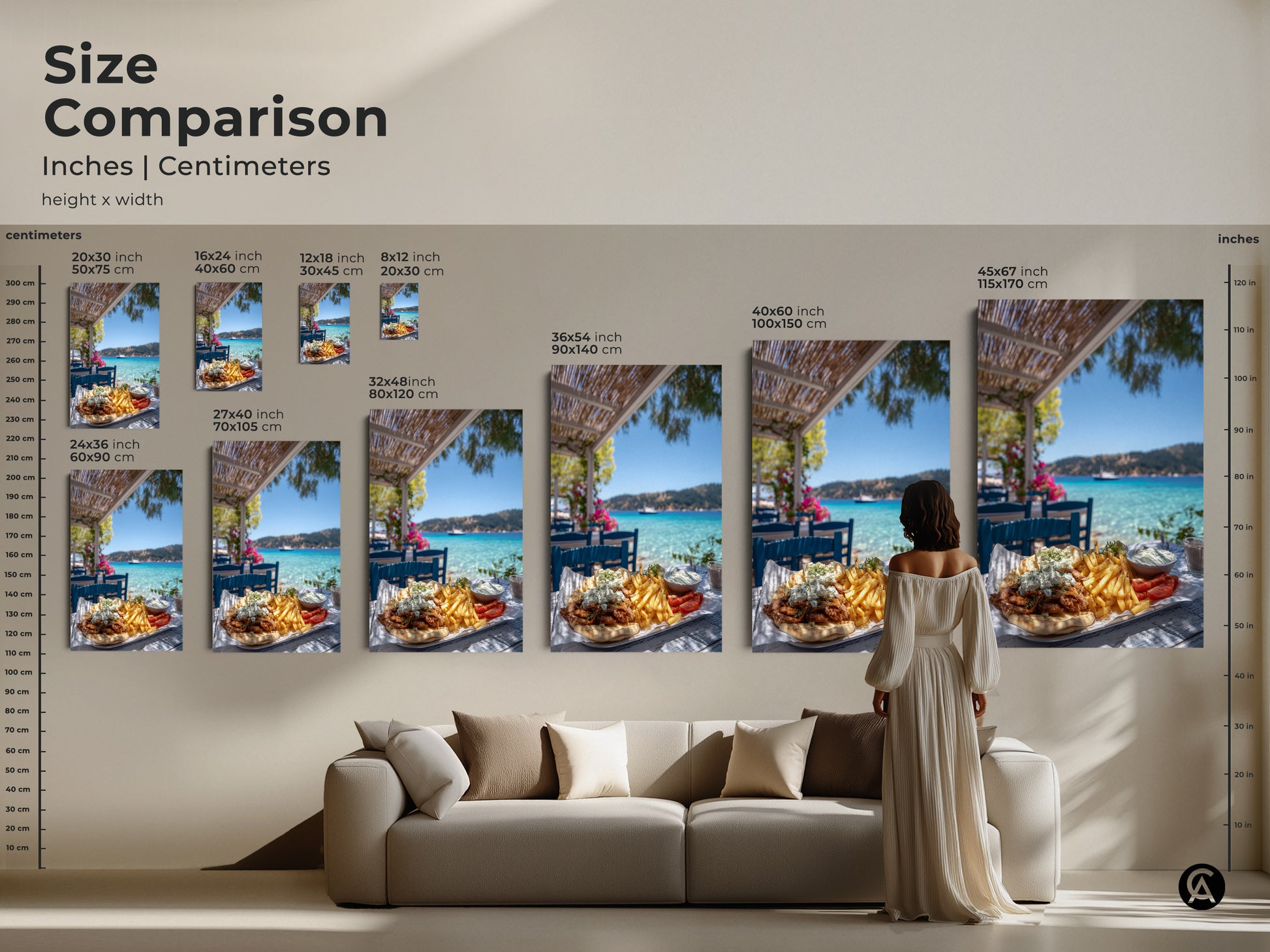 Size comparison of the greek gyros platter artwork in inches and centimeters. See how the canvas and poster prints fit in a living room setting. Choose the perfect size for your travel inspired food art. This mediterranean kitchen wall art brings summer vacation vibes to your home.