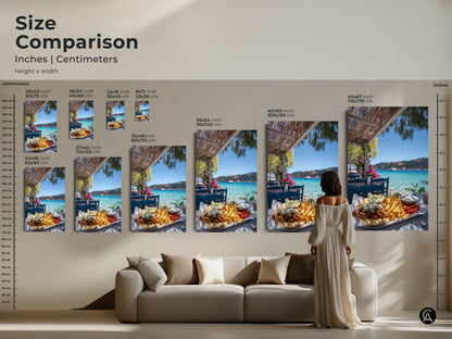 Size comparison of the greek gyros platter artwork in inches and centimeters. See how the canvas and poster prints fit in a living room setting. Choose the perfect size for your travel inspired food art. This mediterranean kitchen wall art brings summer vacation vibes to your home.