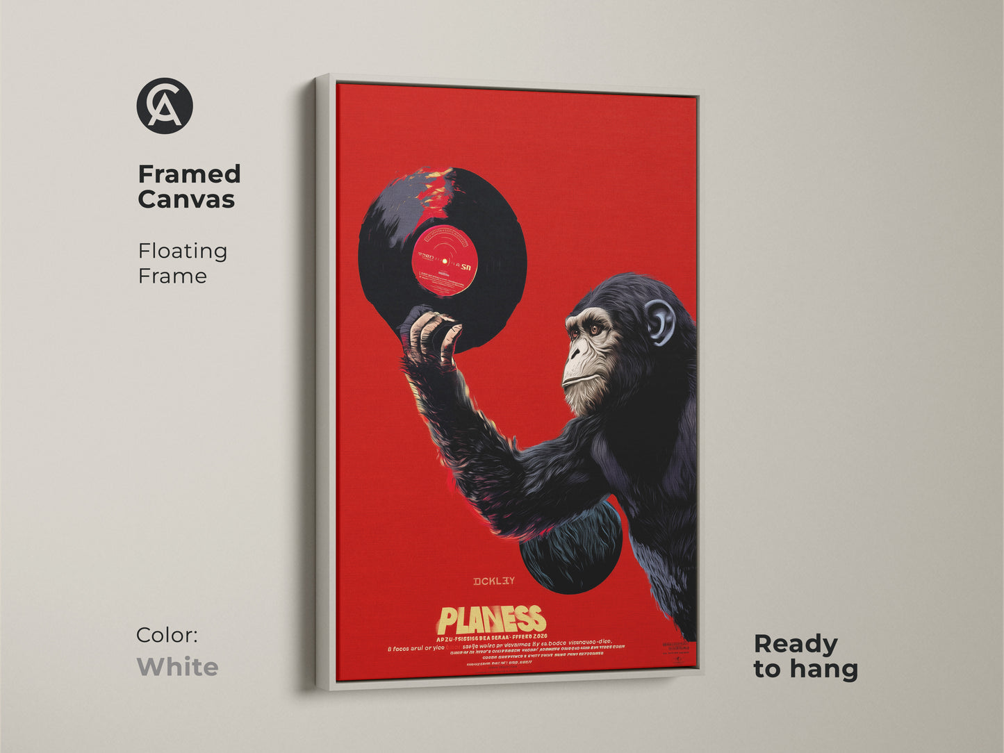 Framed canvas print of a chimpanzee holding a vinyl record. The white floating frame highlights this retro pop art. The eclectic music wall art features dark gray and red tones. This chimpanzee portrait canvas is ready to hang. Perfect for adding a music theme to your decor.