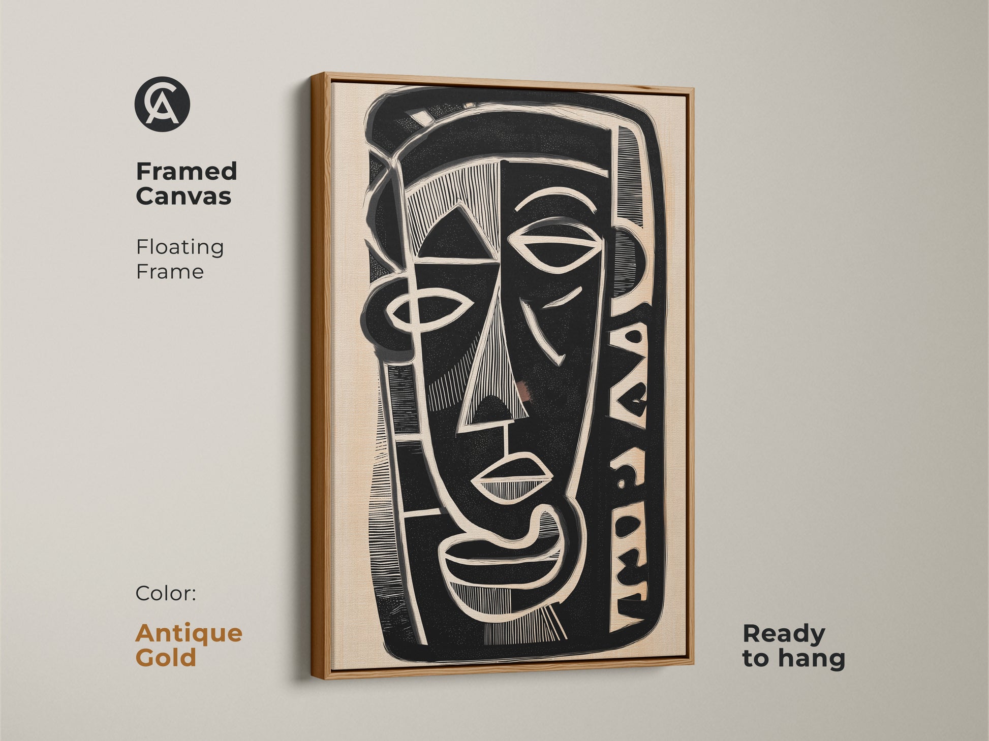 Framed canvas featuring a black white and beige abstract face. The floating frame has an antique gold finish and is ready to hang. The modern cubism poster is a unique face artwork that enhances any contemporary home decor.