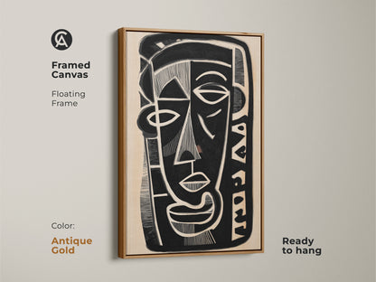 Framed canvas featuring a black white and beige abstract face. The floating frame has an antique gold finish and is ready to hang. The modern cubism poster is a unique face artwork that enhances any contemporary home decor.