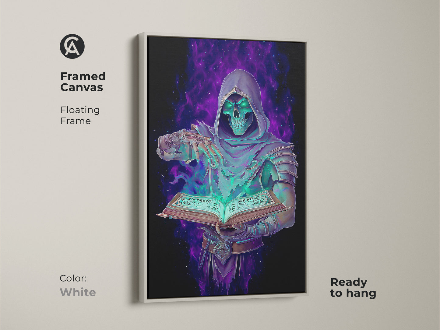 Elevate your space with this framed fantasy art. This gothic occult wall art features a Grim Reaper with spellbook. The emerald purple digital art is a great fantasy fan gift. The unique purple green skull art enhances any room.