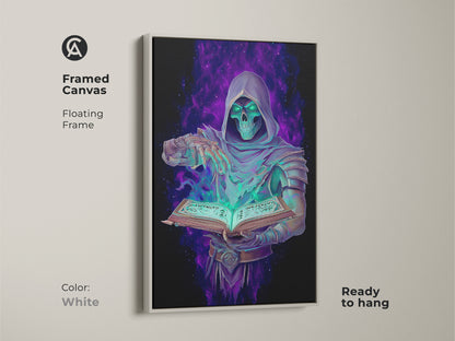 Elevate your space with this framed fantasy art. This gothic occult wall art features a Grim Reaper with spellbook. The emerald purple digital art is a great fantasy fan gift. The unique purple green skull art enhances any room.