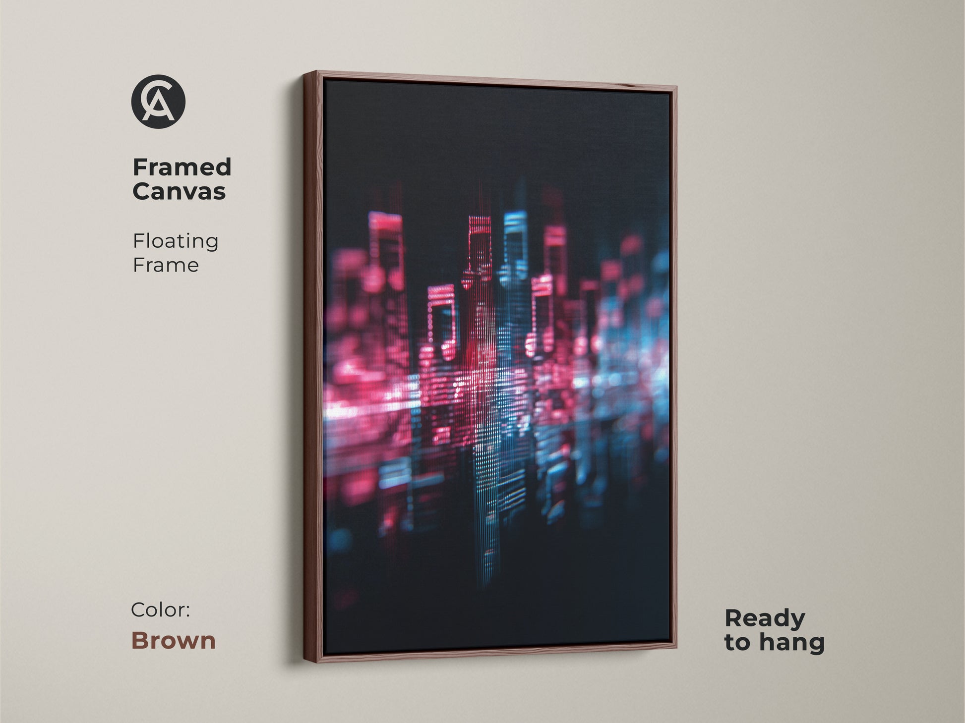 Brown Framed Canvas featuring an abstract cityscape with musical notes. This magenta and blue artwork has a glitch art aesthetic. Perfect as a housewarming gift or modern office decor for music lovers. The unique music gift is ready to hang.