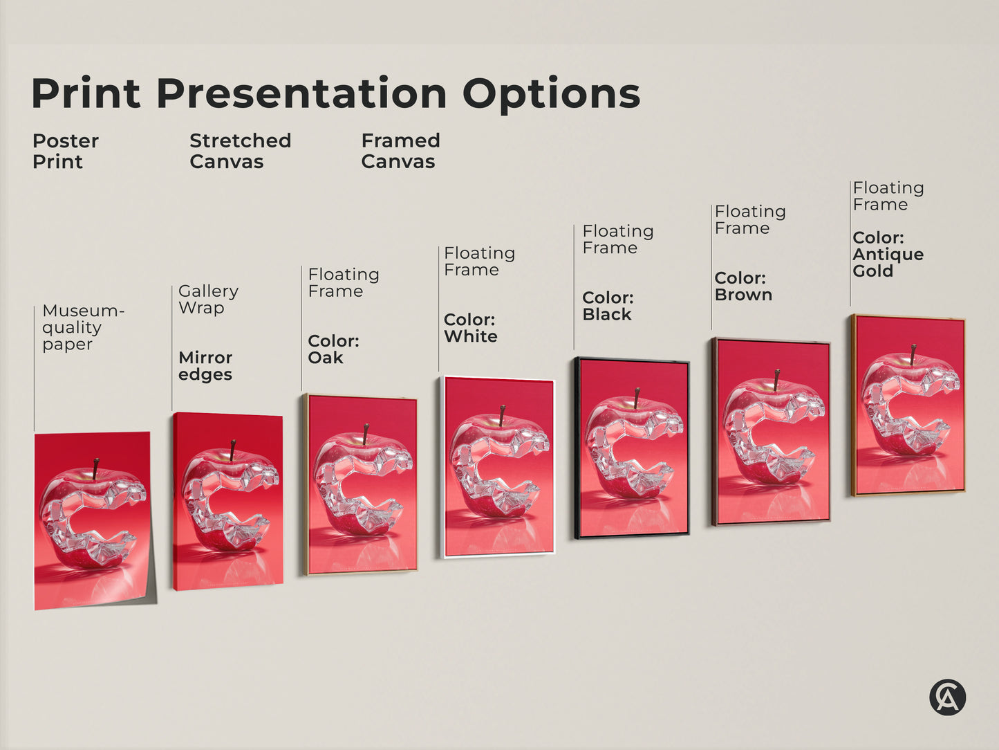 Print Presentation Options showcasing a crystal apple artwork. Options include poster print stretched canvas and framed canvas with various frame colors. Choose the perfect style for your space.