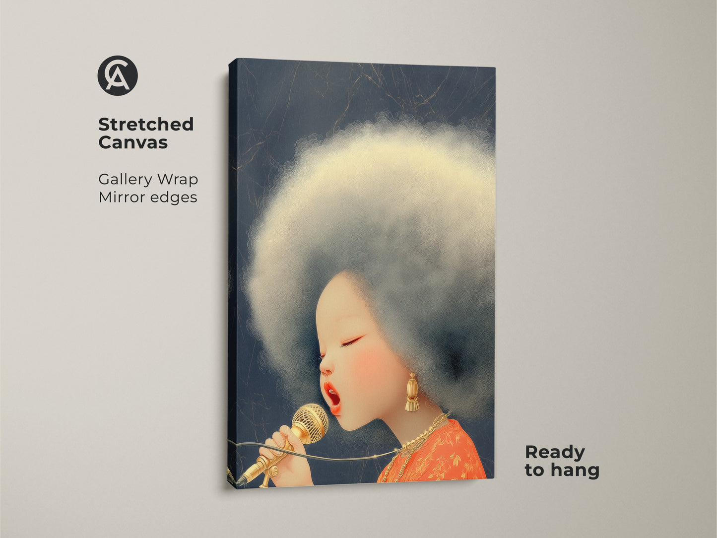 Check out this stunning Afro Singer canvas art. The retro microphone wall art showcases a pop art portrait print. This is perfect eclectic music decor. The Blue Gold and Orange artwork will enhance any room. Ready to hang.