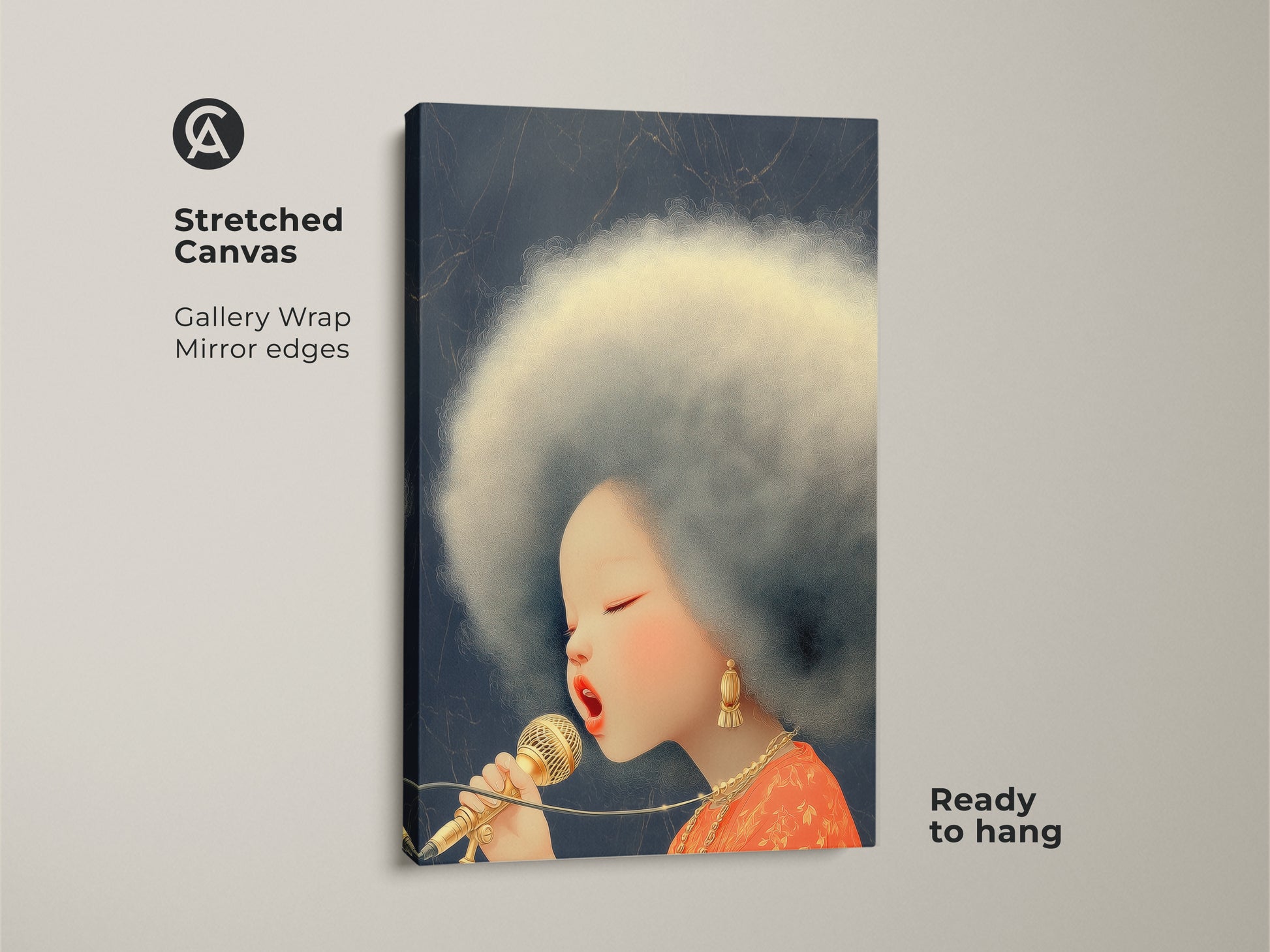 Check out this stunning Afro Singer canvas art. The retro microphone wall art showcases a pop art portrait print. This is perfect eclectic music decor. The Blue Gold and Orange artwork will enhance any room. Ready to hang.