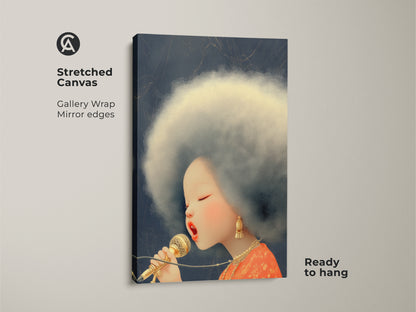 Check out this stunning Afro Singer canvas art. The retro microphone wall art showcases a pop art portrait print. This is perfect eclectic music decor. The Blue Gold and Orange artwork will enhance any room. Ready to hang.