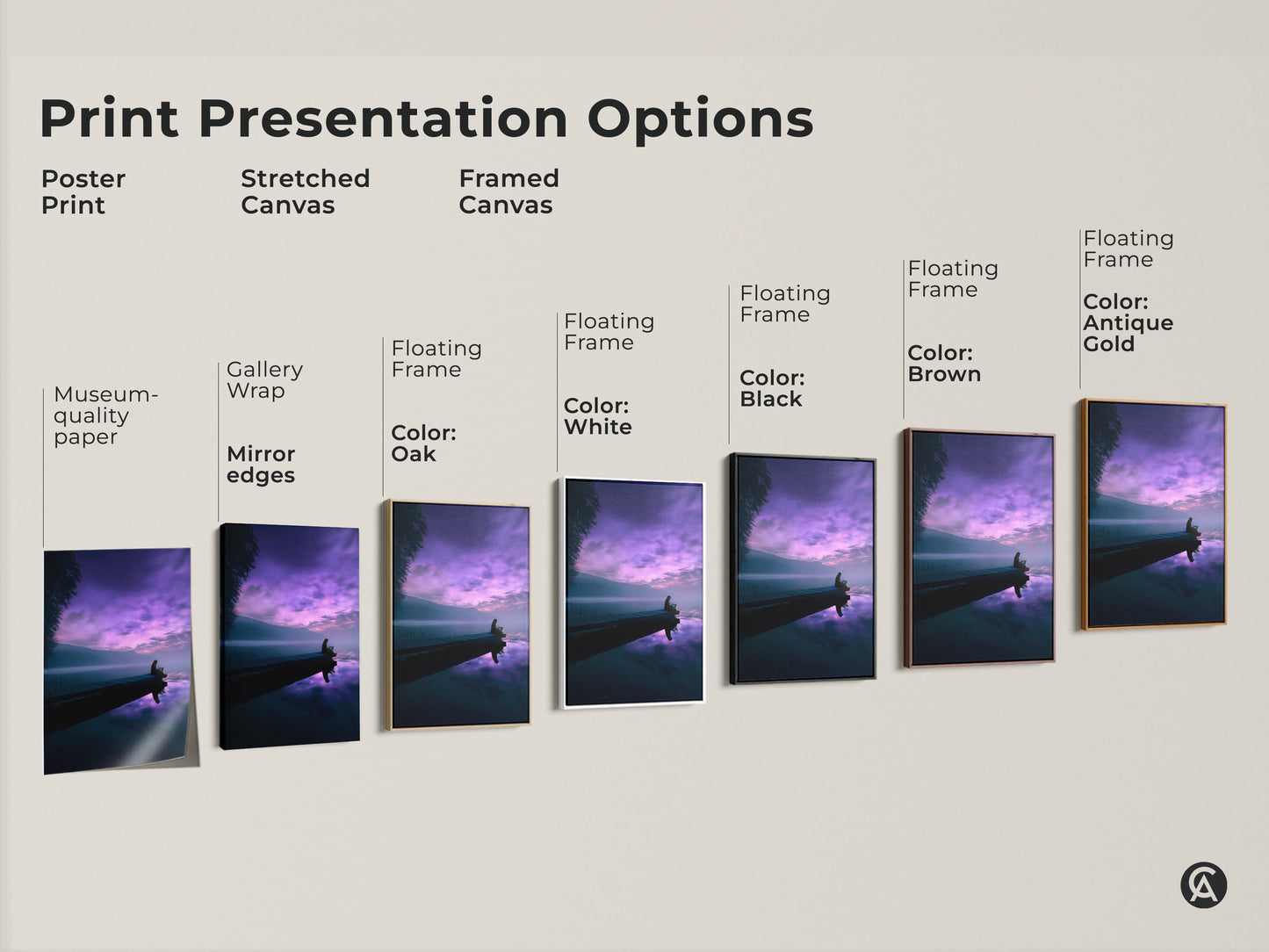 Explore print presentation options with this dreamy purple lake artwork. Choose from poster stretched canvas or framed canvas. Find the perfect style for your surreal night sky wall decor. Ideal for minimalist interiors and unique travel gifts.