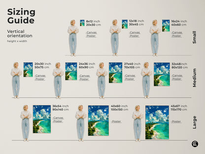 Sizing guide for vertical tropical island beach artwork. Available in small medium and large sizes for canvas and poster prints. Visualize the artwork in different dimensions to find the perfect fit for your space. Transform your room with beach-themed art.