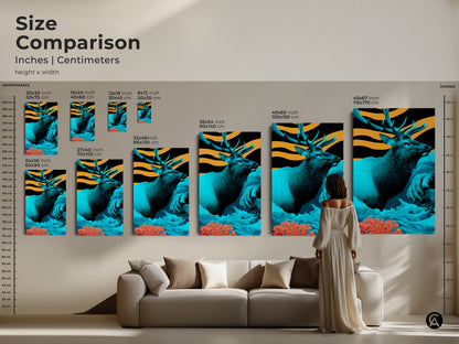 This size comparison shows wildlife elk art in inches and centimeters. Sizes range from small 8x12 to large 45x67 inches. The woman is standing in front of the canvas prints. Choose the perfect size canvas print. This teal and orange wildlife animal print is a unique gift.