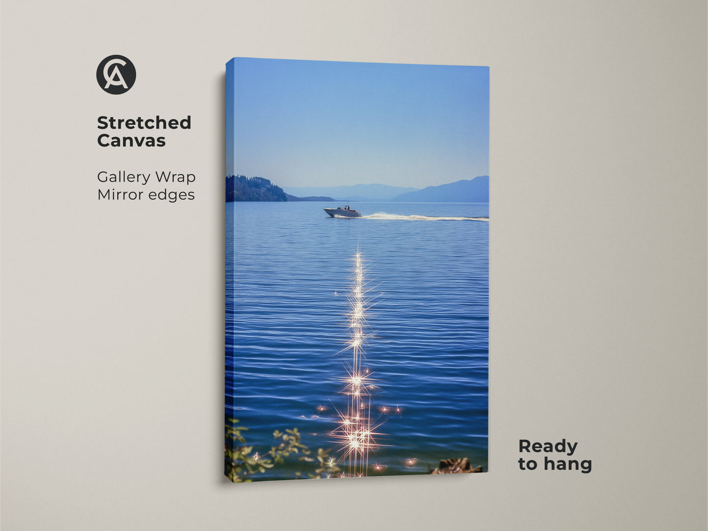 Stretched canvas of a boat on blue water. Sparkling ocean canvas art makes a realistic lake landscape. Ready to hang coastal bedroom wall decor for boat lovers. Enjoy summer water scene art with this nautical home decor print. Modern boat artwork for calm spaces. Perfect as residential wall art.